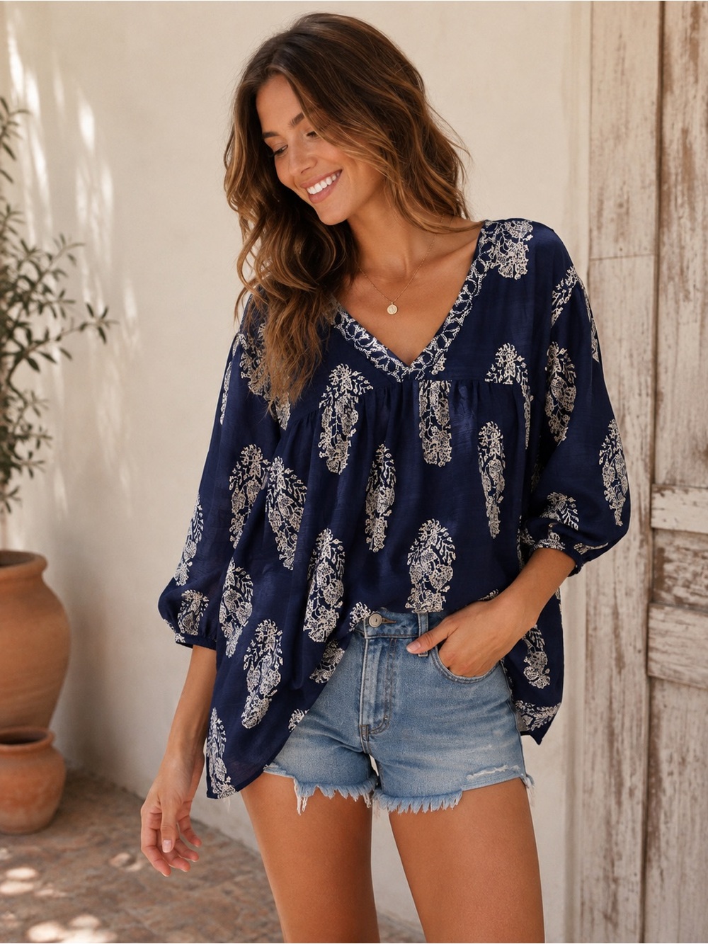 ✨NWT Linen Boho Printed Peasant Blouse